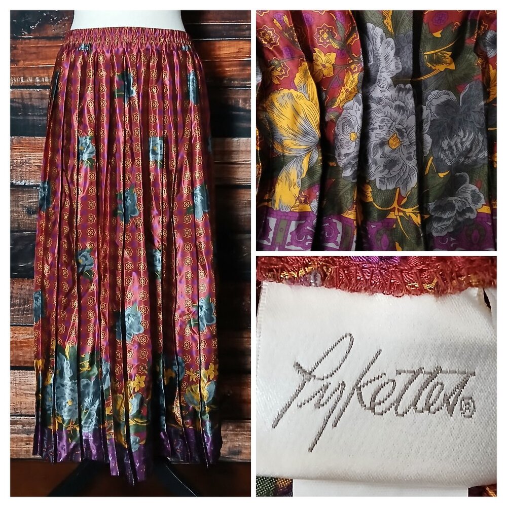 Pykettes Vintage Midi Skirt L Pleated Floral Satin